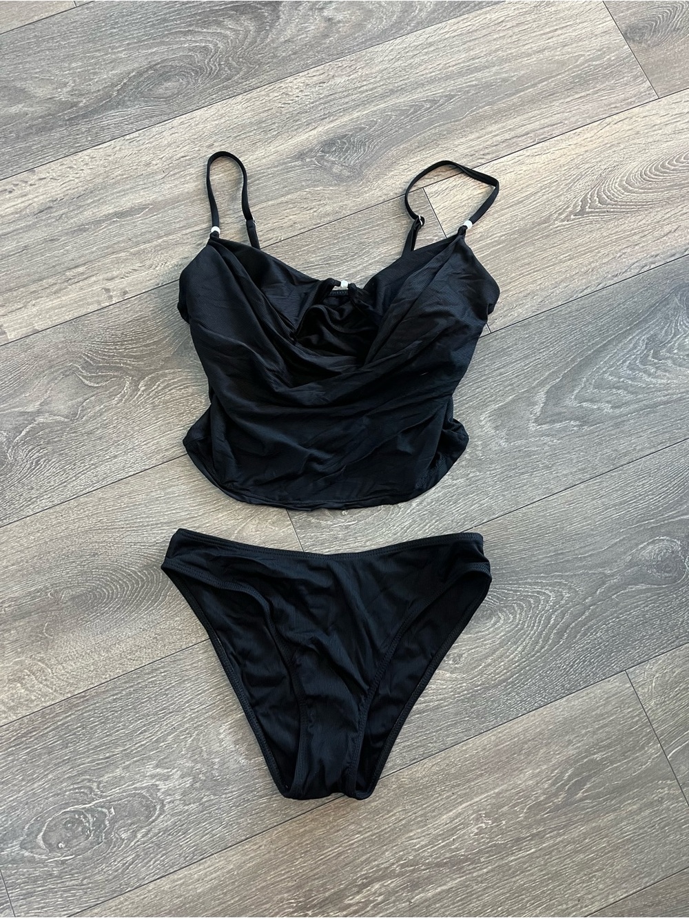 Black Two-Piece Swim Set - Draped Tankini Top & Bikini Bottom